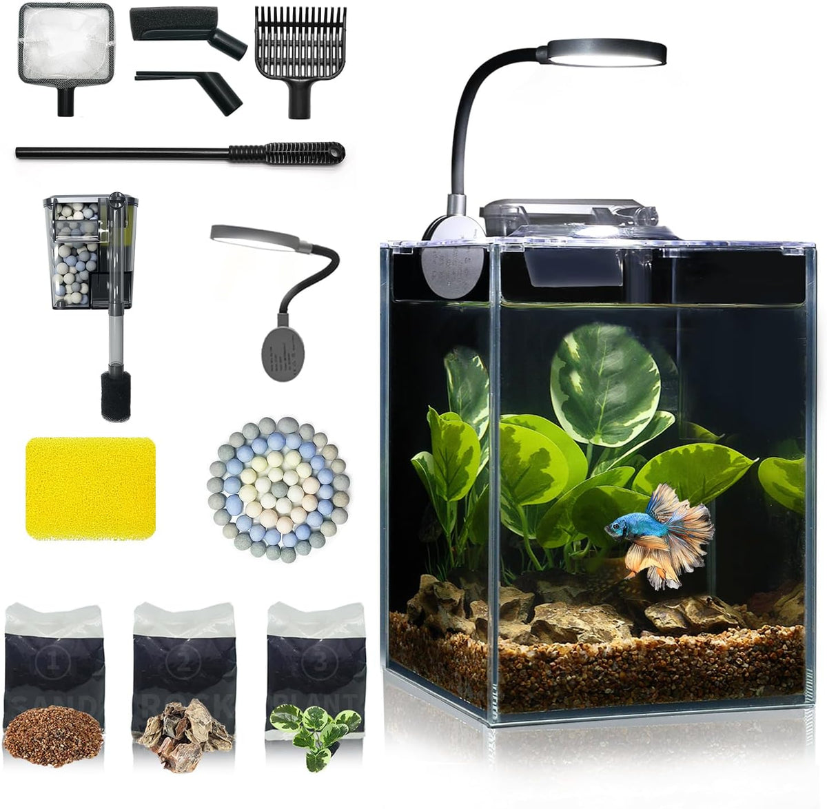 1.25 Gallon Fish Tank Small Glass Aquarium Kit Starter Set Dark Background