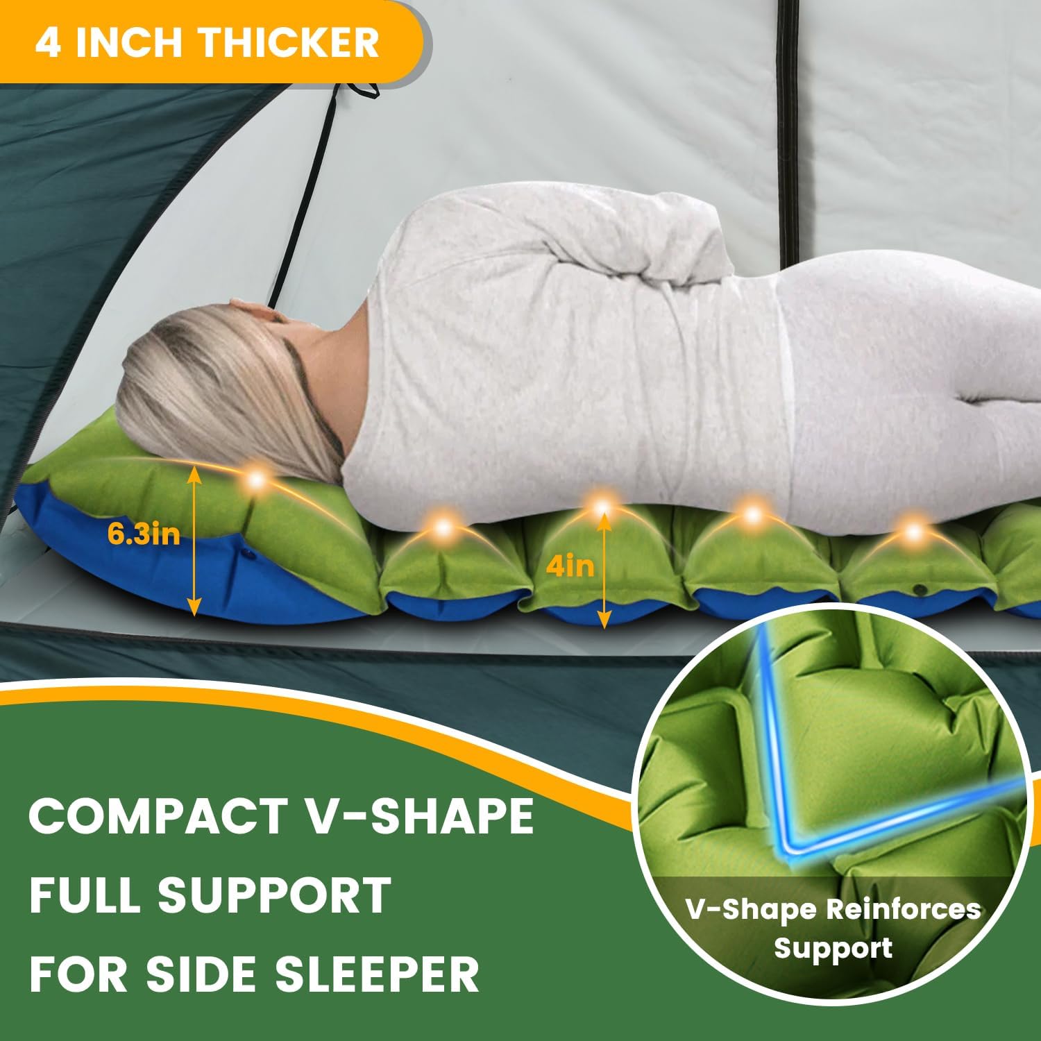 4in Ultralight Camping Sleeping Pad with Pillow and Foot Pump | Wide Compact Inflatable Camping Mat for Travel, Tent