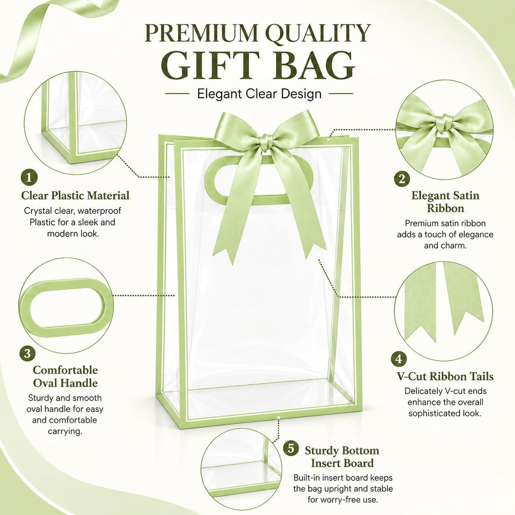 12 Pack Clear Gift Bags with Handles, Sage Green