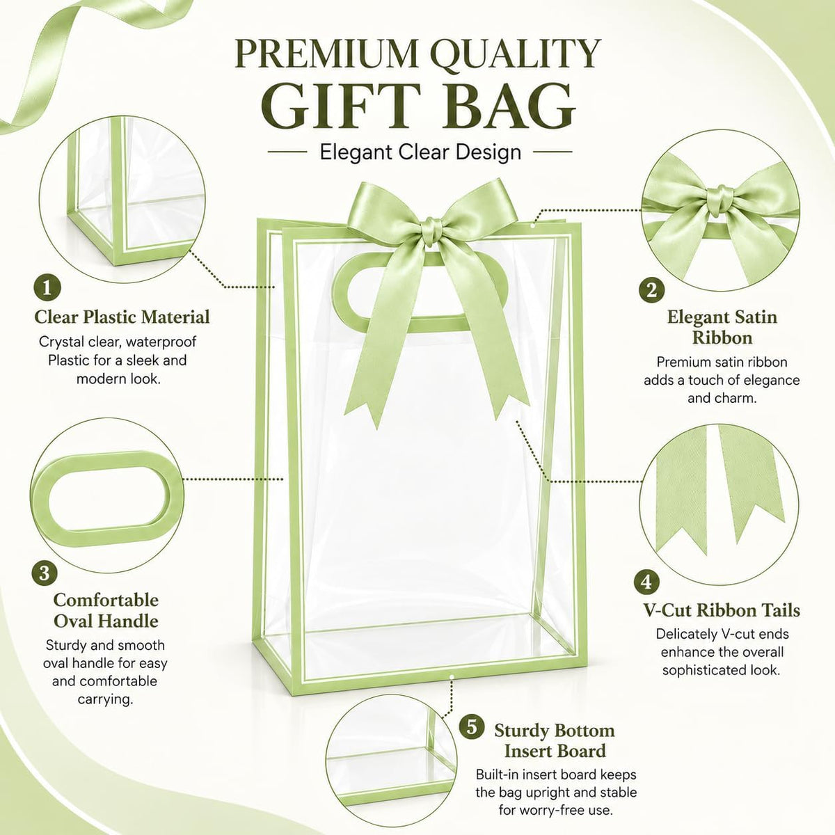 12 Pack Clear Gift Bags with Handles, Sage Green