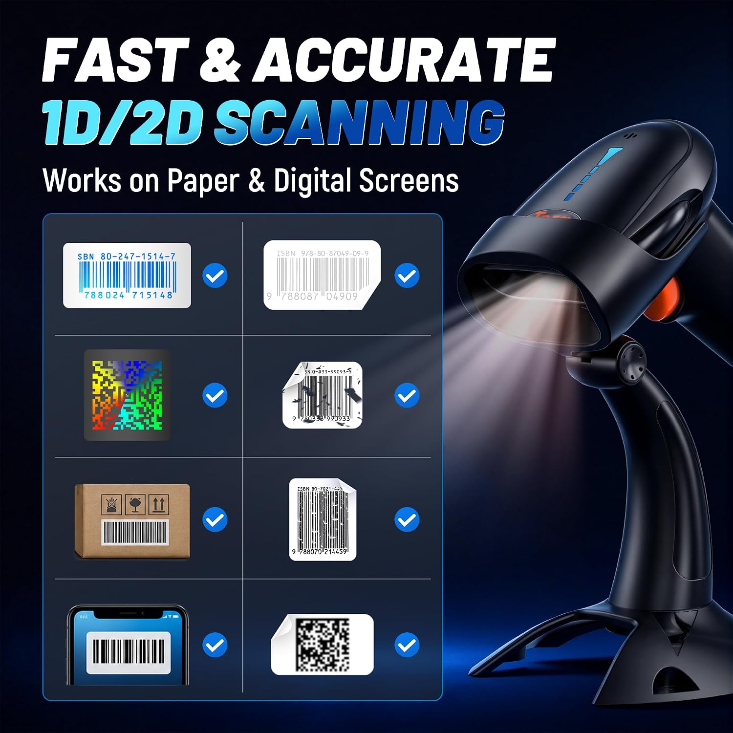 Barcode Scanner 2D Wireless: with Battery Indicator and Stand, HW0002 | BT 2.4G USB, 2200mAh, 640*480 CMOS, 1D 2D QR