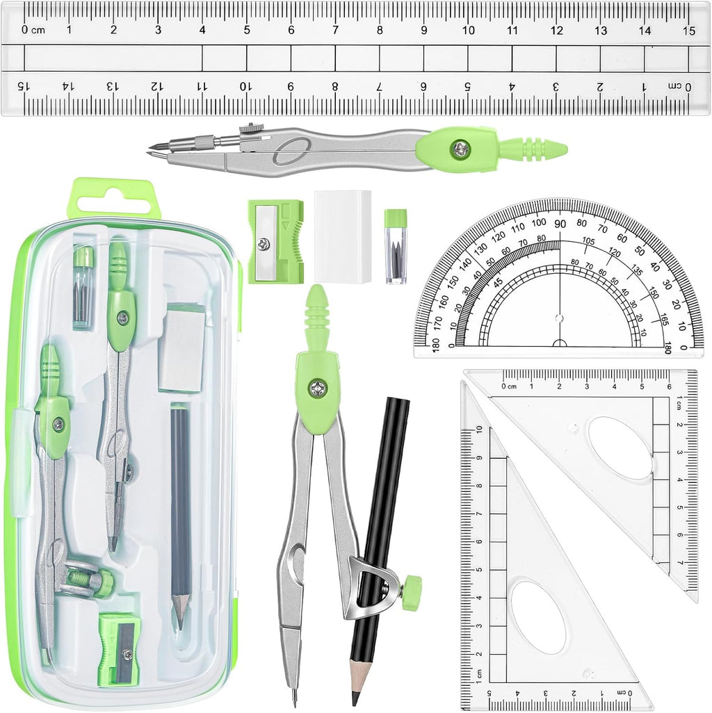 Math Geometry Set for Students 10 Pcs Compass Geometry Tools Kit Includes Protractor Compass Lead Refills Rulers
