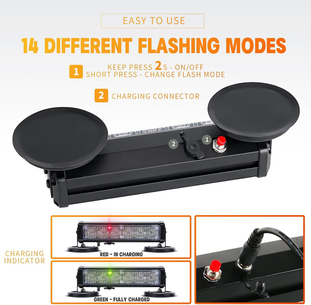 Amber/White Magnetic Wireless Flashing Strobe Light for Vehicles Trucks Car, Battery Operated Rechargeable LED Safety