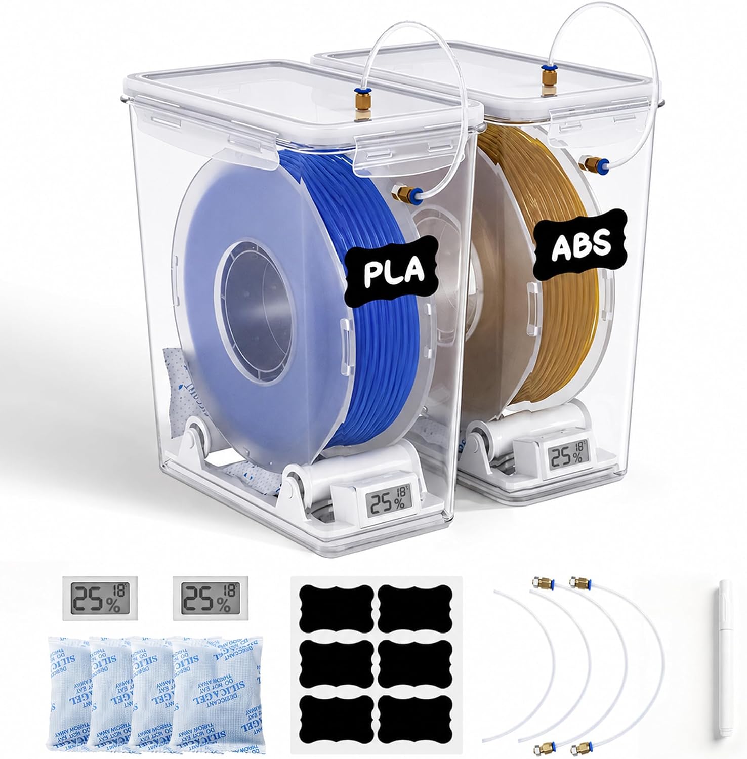 3D Printer Filament Dry Box, Airtight Filament Storage Box with Dual Outlets, Hygrometer, Reusable Desiccant & Spool