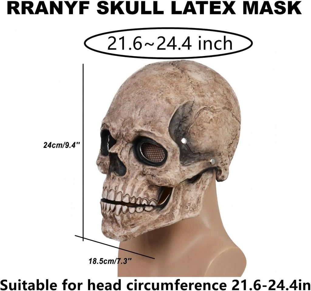 Creepy Halloween Full Head Skull Mask with Movable Jaw, Adult Entire Head Realistic Latex Helmet, Scary Skeleton
