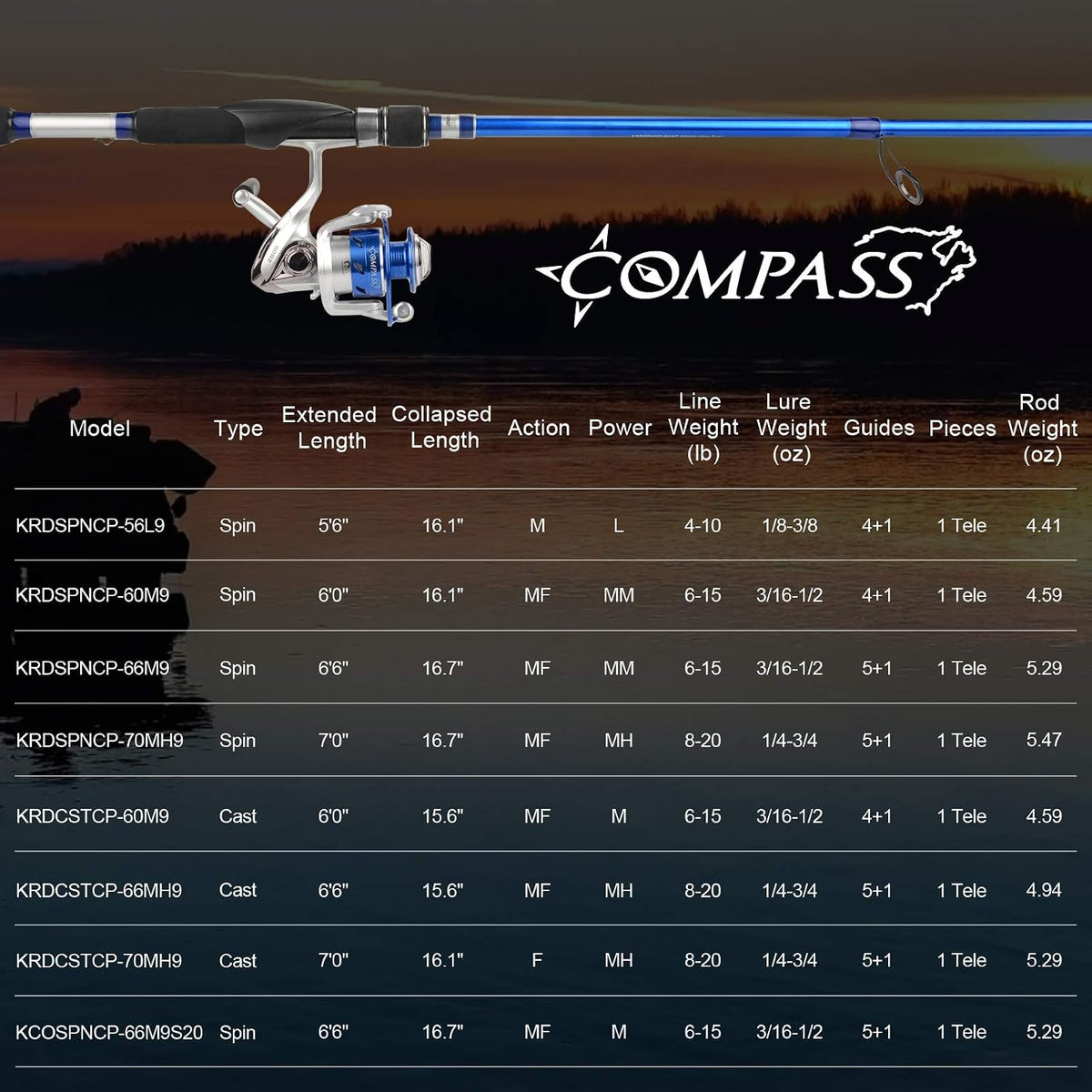 Compass Telescopic Fishing Rods and Combo, Easy to Travel | Spinning & Casting Rods, Graphite Blanks, Stainless
