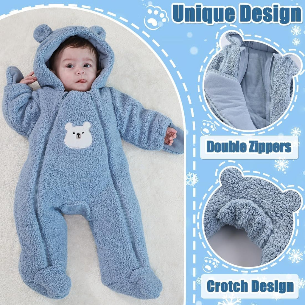 Newborn Baby Winter Snowsuit Bear Thick Romper Footie Double Zip Hooded Jumpsuit Fleece Coat Infant Boy Girl 0-12M