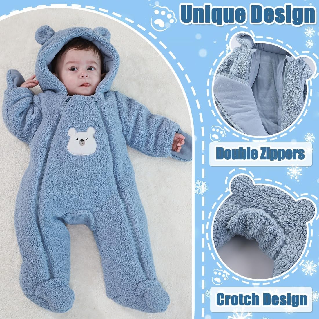 Newborn Baby Winter Snowsuit Bear Thick Romper Footie Double Zip Hooded Jumpsuit Fleece Coat Infant Boy Girl 0-12M