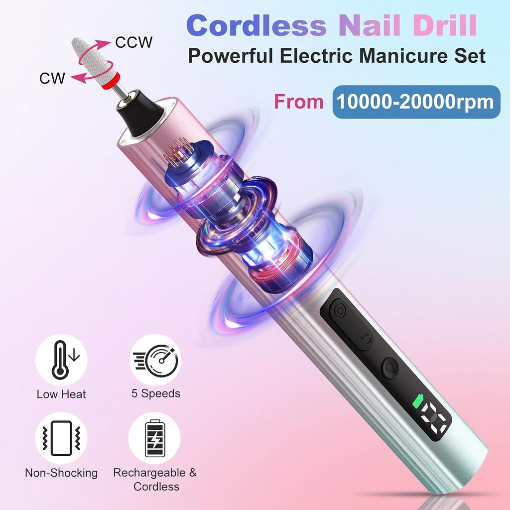 Cordless Electric Nail Drill with UV Light Lamp, 5 Speed, LCD Display | 14 in 1 Electric Nail File Drill