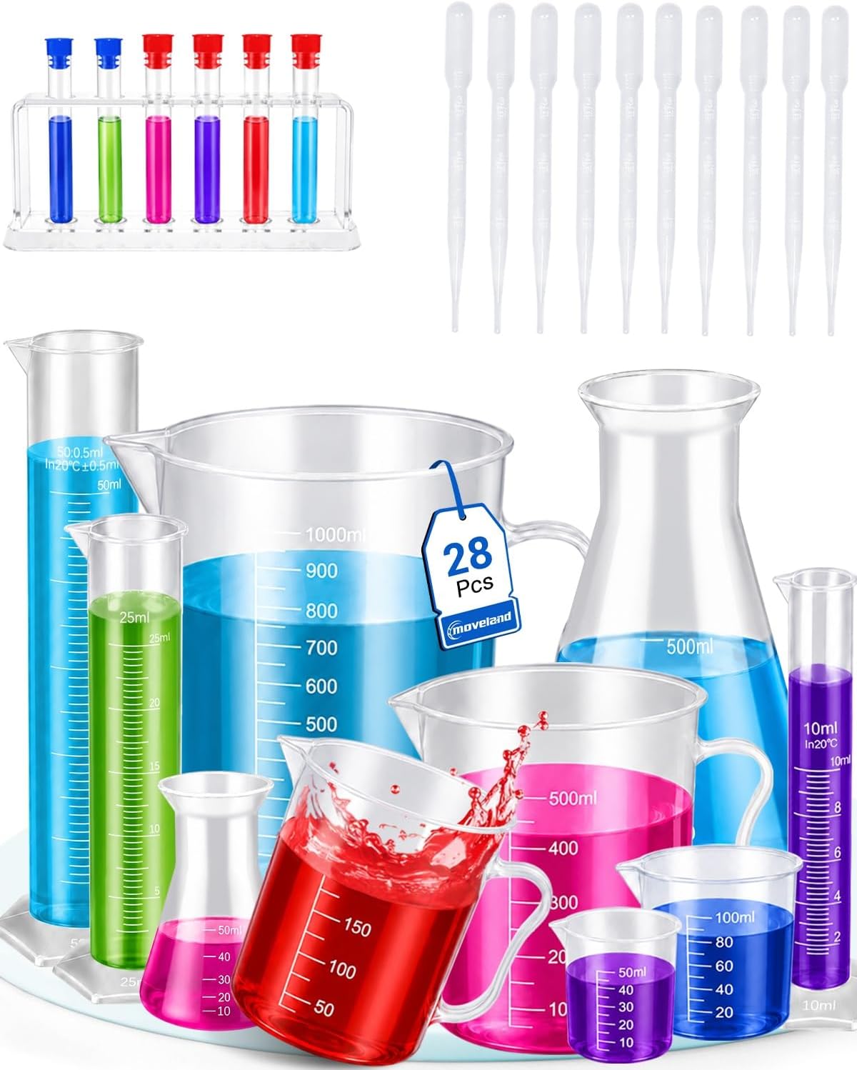 28PCS Plastic Test Tubes and Beaker Set for Classroom and Lab Use | Thick Break-Resistant Plastic, Safe for Repeated
