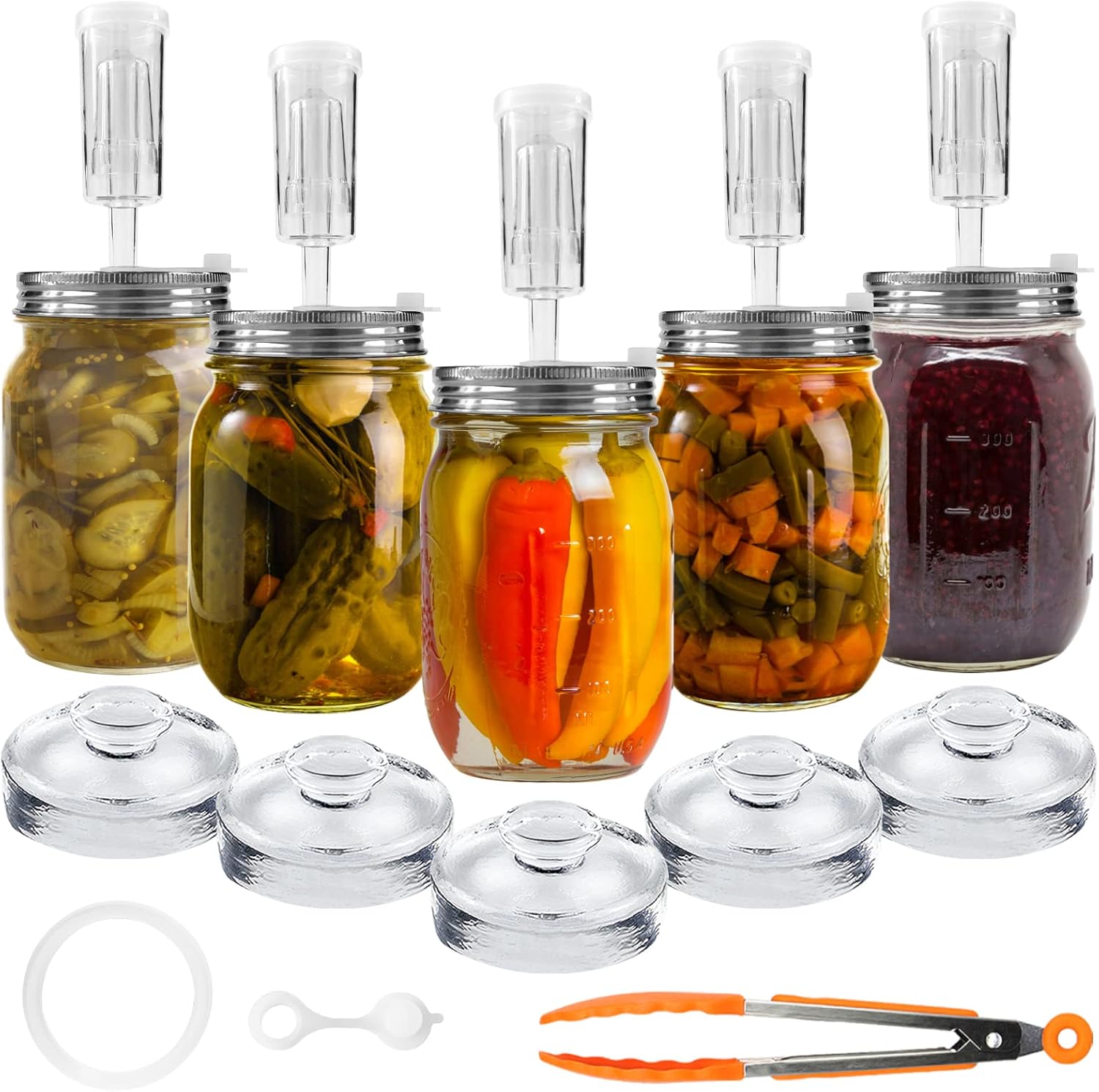 28 Pcs Fermentation Kit-5 Stainless Steel Fermentation Lids, 5 Glass Weights, 5 Airlocks, 6 Silicone Rings, 6