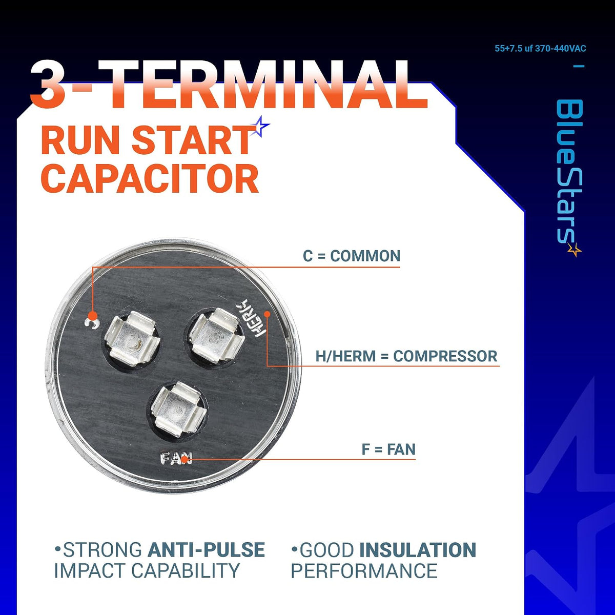[2025 Updated] BlueStars 55+7.5 uF 55/7.5 MFD 370 or 440 Dual Run Capacitor