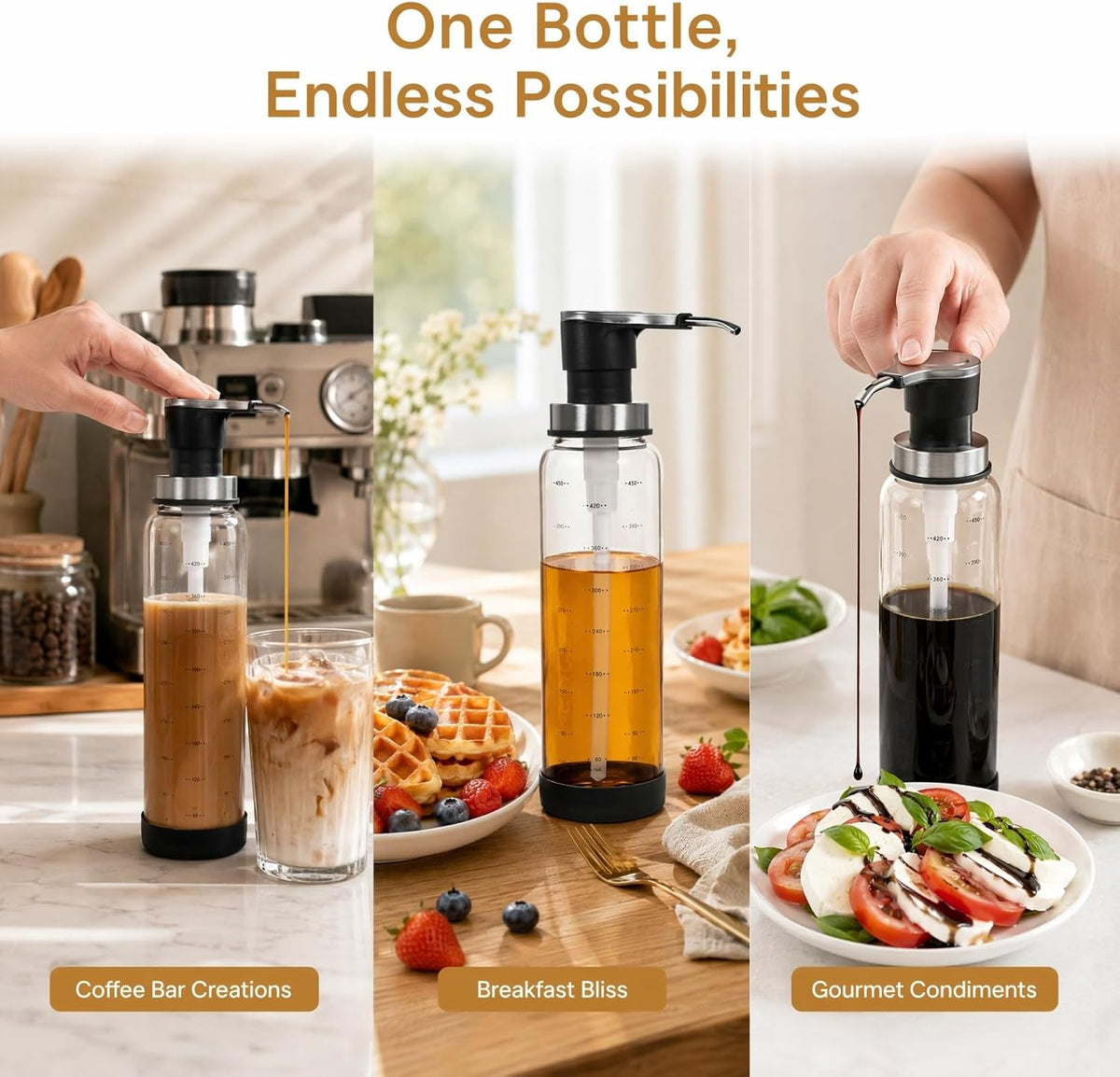 Glass Syrup Pump Bottle Refillable Honey Pump Dispenser for Syrup Ketchup Jam Empty Condiment Jar for Kitchen Storage