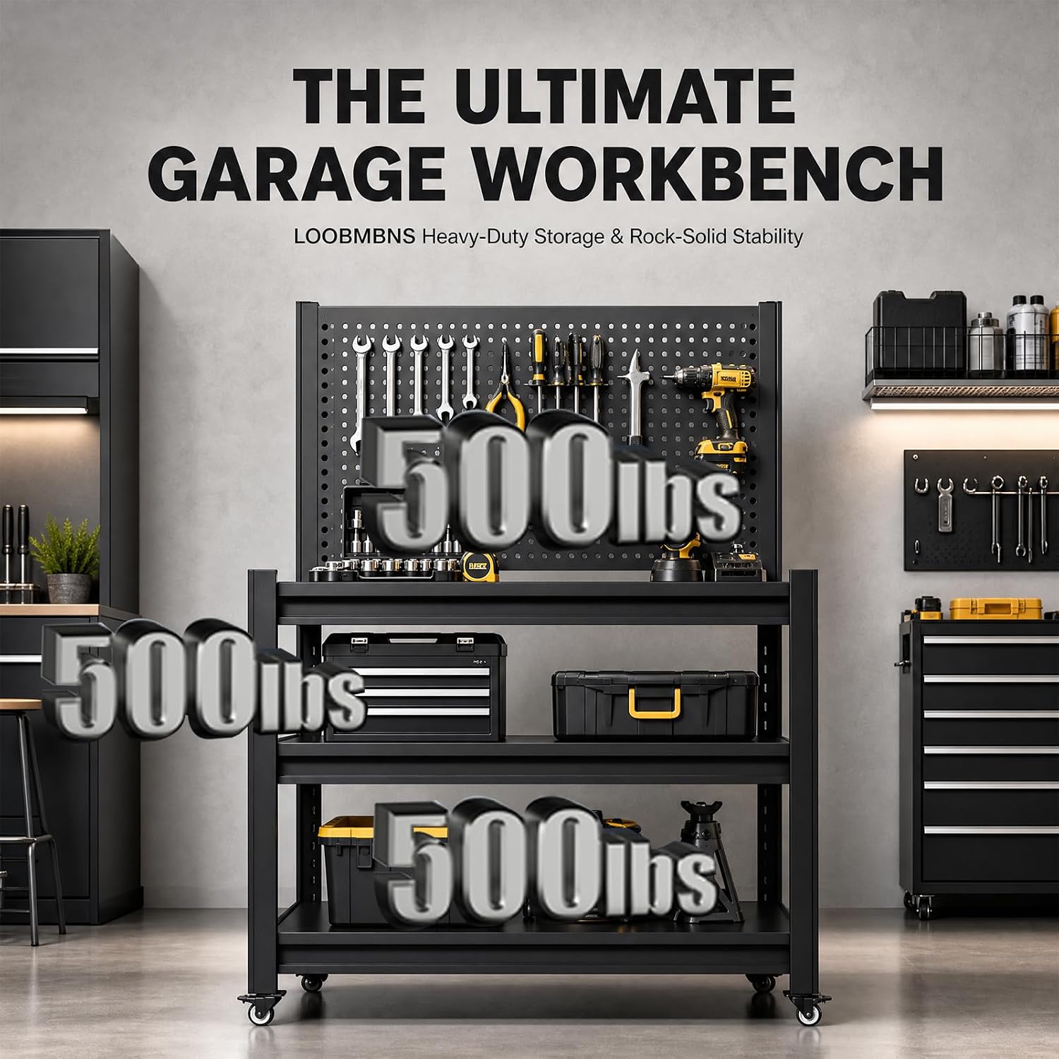 Garage Workbench with Pegboard, Tool Storage Rolling Work Table on Wheels | Portable workbench with lockable wheel