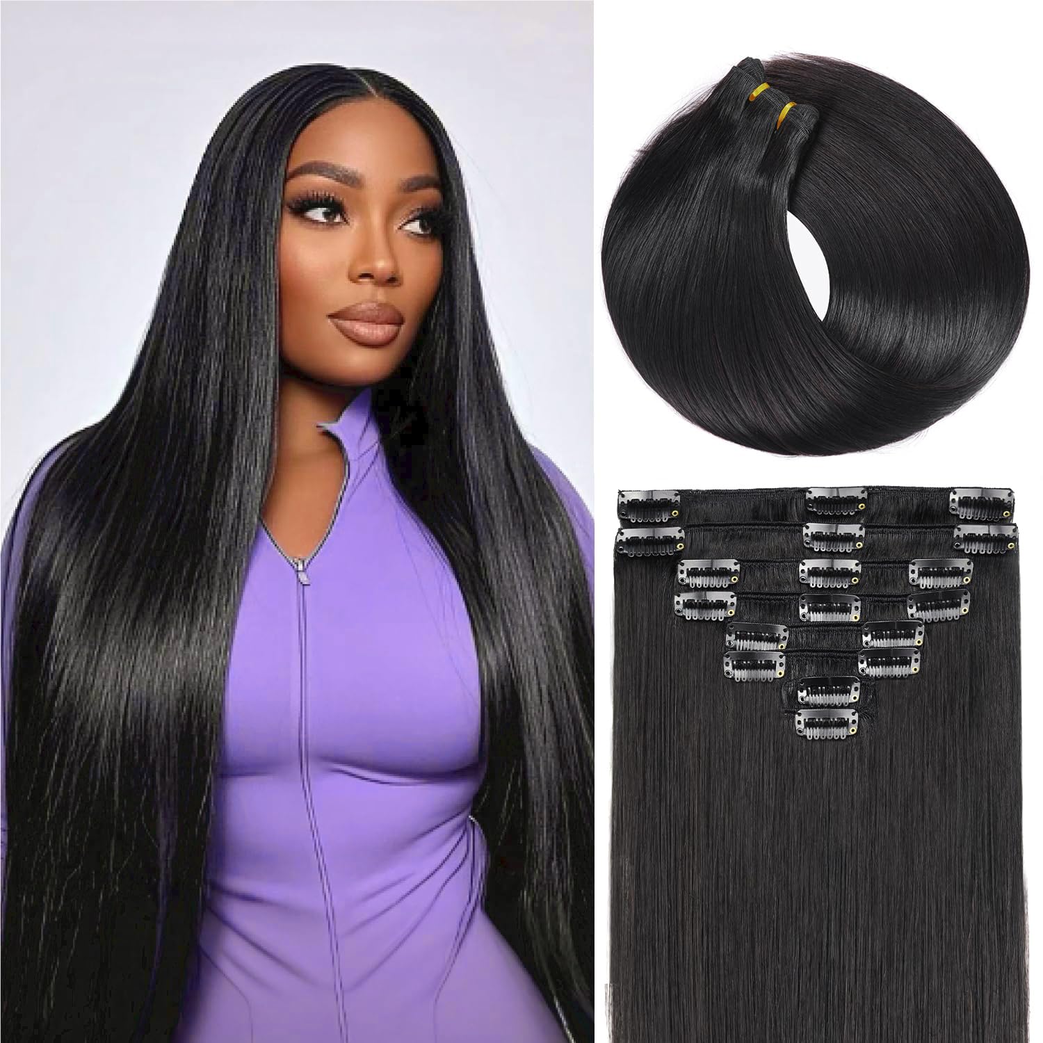 Clip in Hair Extensions Real Human Hair Clip ins For Women 1B Natural Black | 24Inch 120g/4.2oz, 8pcs Per Set, Double