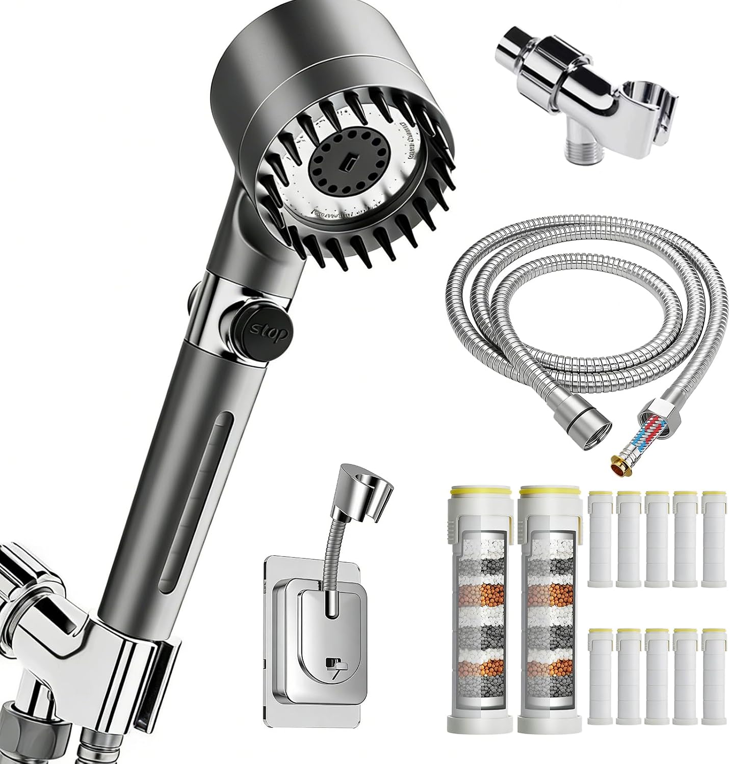 High Pressure Filtered Shower Head with Handheld for Hard Water | Ion Shower Head with 12 Replaceable Water Softener