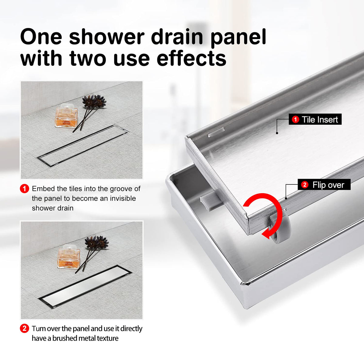 Linear Shower Drain 12 inch Brushed with Tile Insert Panel