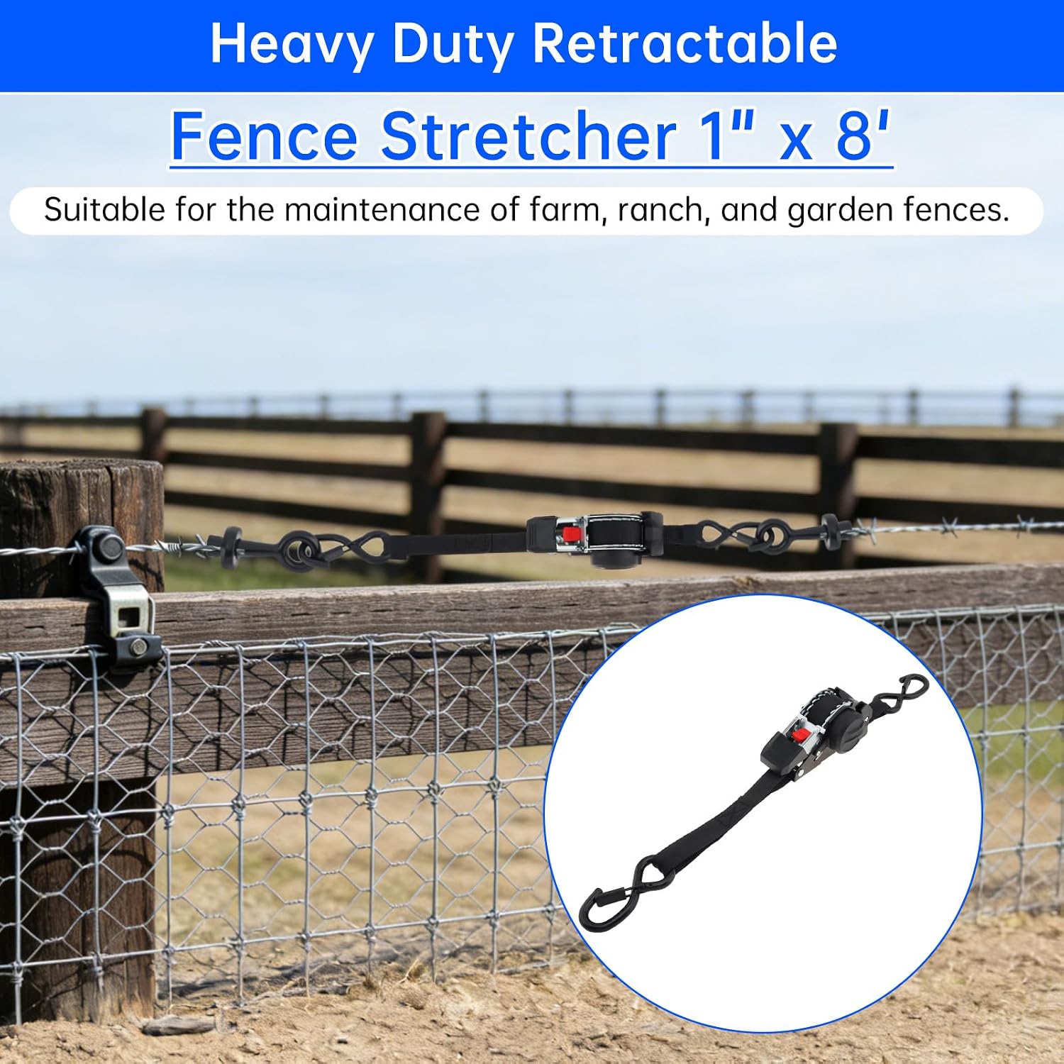 Fence Stretcher Tool Kit, Wire Puller Fence Repair Kit with Retractable Ratchet Strap, Heavy Duty 5.1 Inch Grade 45