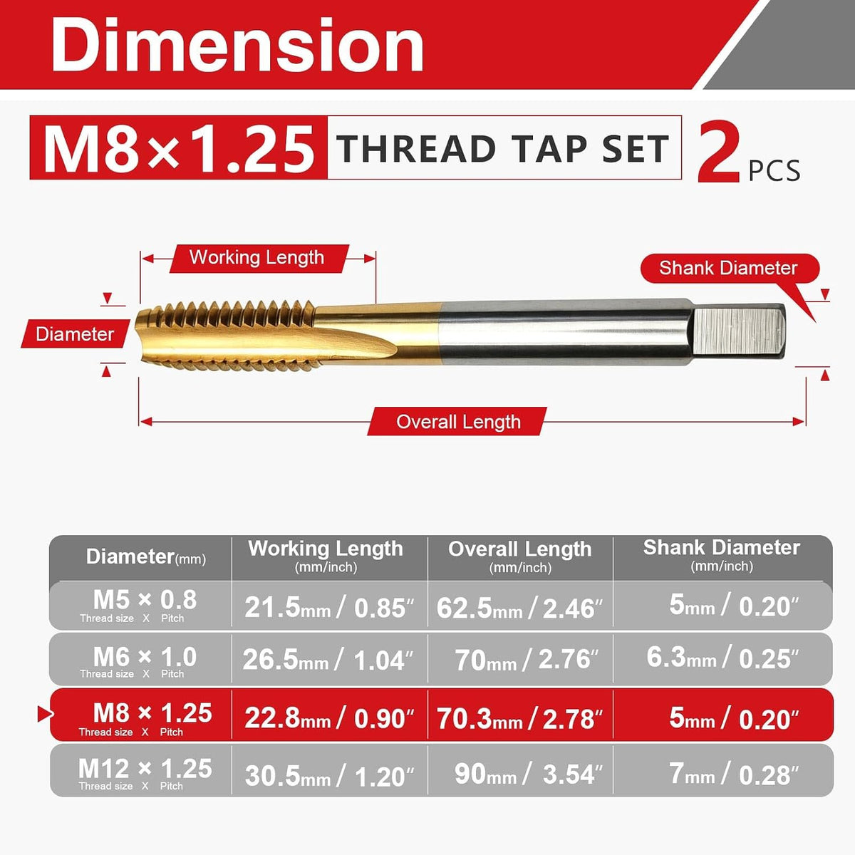 2 Pcs M8 x 1.25 Metric Thread Tap, M2 HSS Right Hand Thread Milling Tap