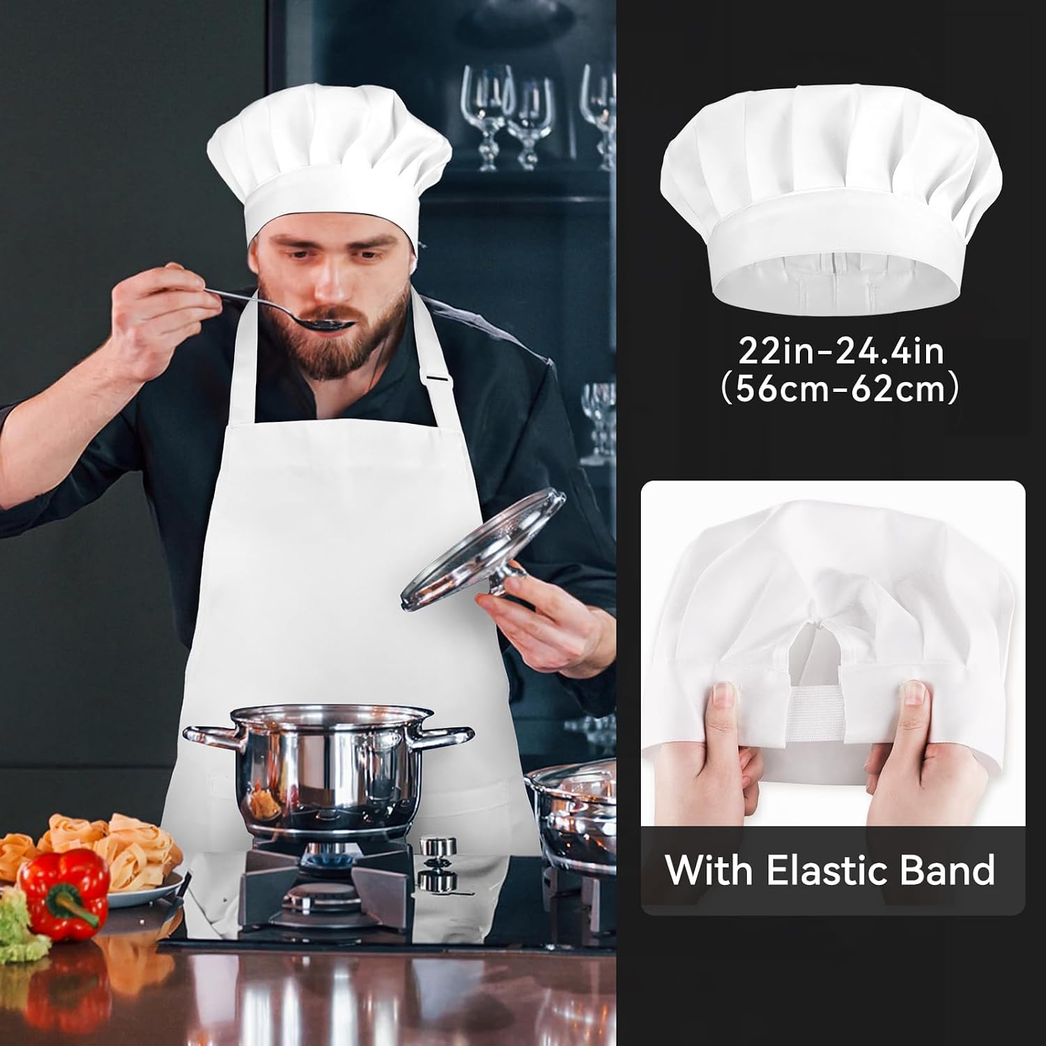 White Chef Hat and Apron, Adjustable Chef Costume Set, Kitchen Cooking Baking Apron with 2 Pockets for Men and Women