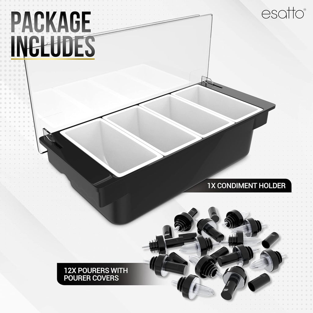 Bar Garnish Condiment Holder with Lids & Pourers, 4 Compartment