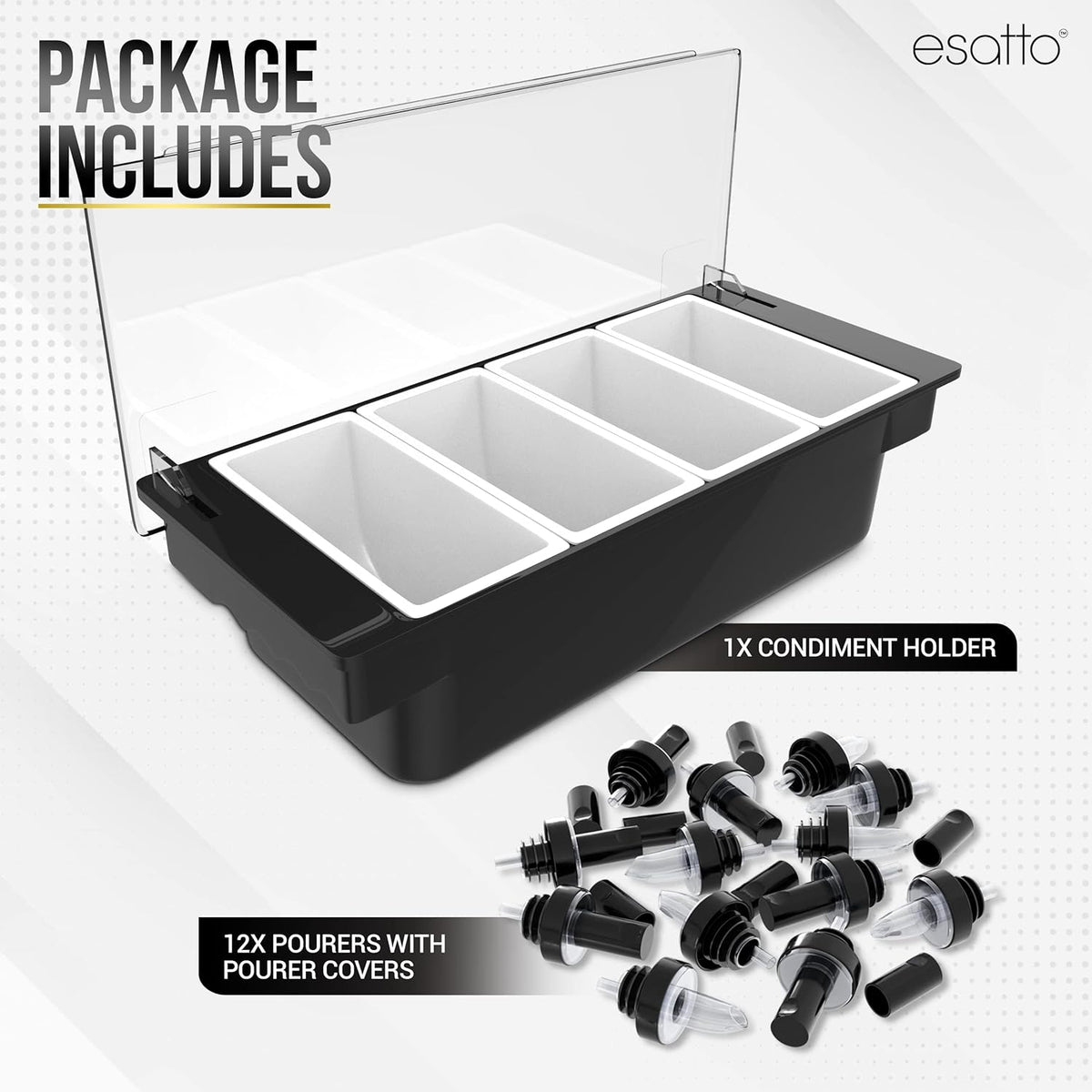 Bar Garnish Condiment Holder with Lids & Pourers, 4 Compartment