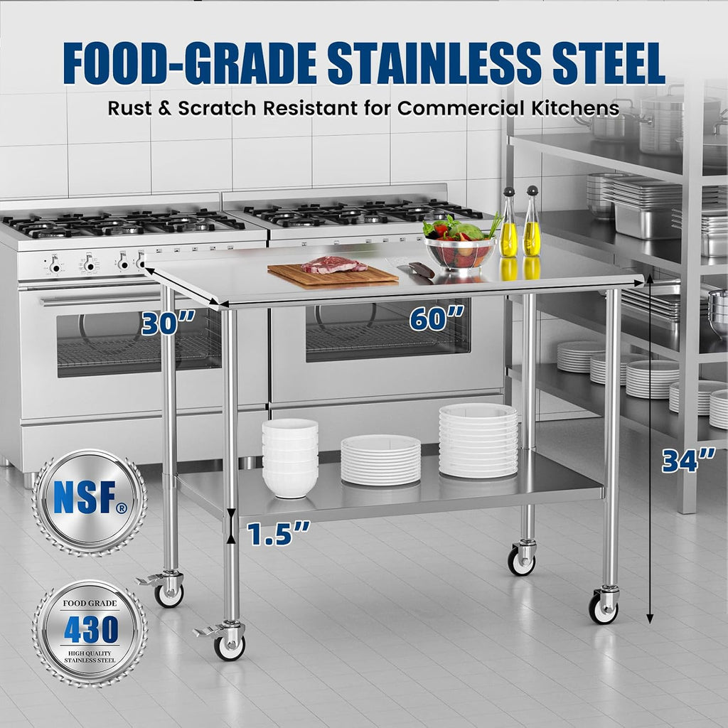 Stainless Steel Work Table with Wheels & Backsplash, 30x60 Inch