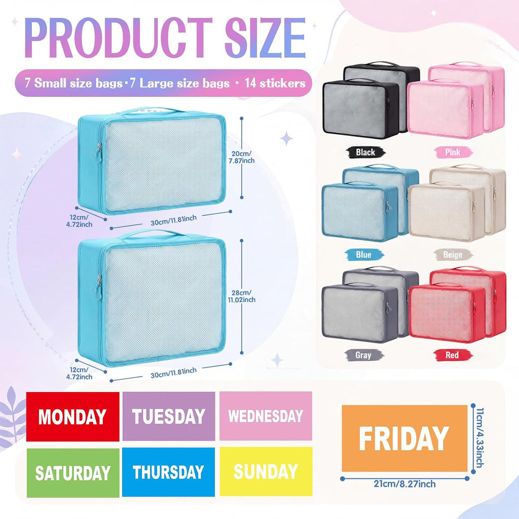 14 Pcs Packing Cubes for Travel Days of Week Packing Cubes with Labels Zippered Camping Bag for Summer Camp Essentials
