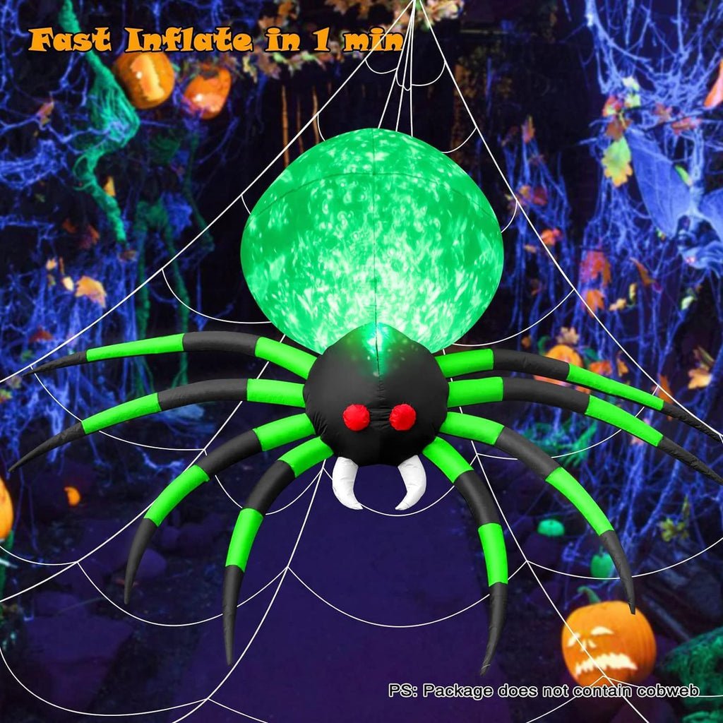 8 FT Halloween Inflatables Spider Outdoor Decorations for Yard, Giant Blow up Green Spider with Rotating Fire Flame