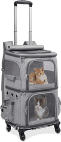 Double-Compartment Cat Carrier Backpack with Wheels for Two Pets