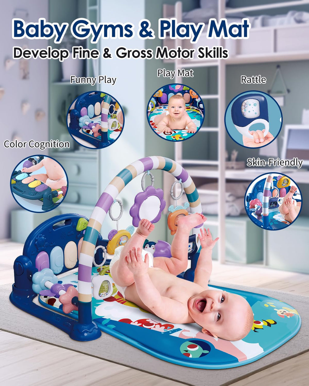 Baby Play Mat Gym, Funny Play Piano Tummy Time Activity Mat with 5 Infant Sensory Toys, Music and Lights, Boy & Girl