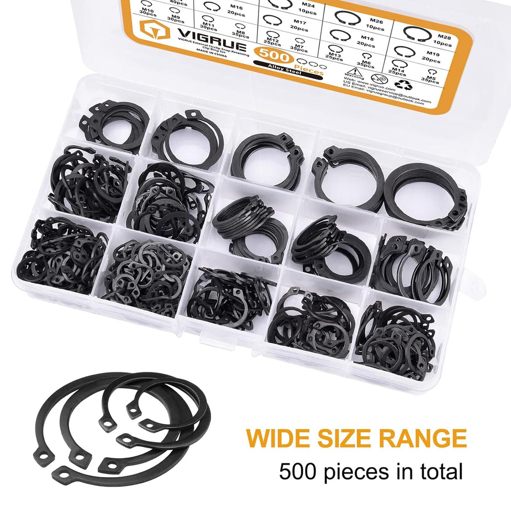 VIGRUE 500Pcs Snap Rings Assortment Circlip Snap Retaining Clip Rings Set