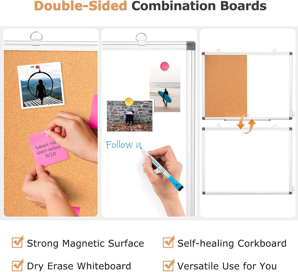 Combination Magnetic Whiteboard & Corkboard, 24"x18" Combo for School, Office & Home, Dry Erase Board with Removable