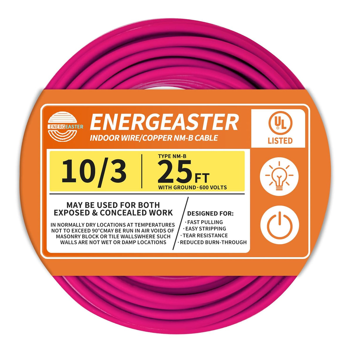 Energeaster Solid Indoor 10/3 NM-B Copper Cable with Ground 25FT, Pink