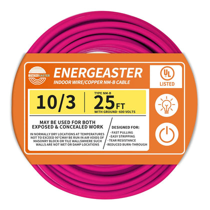 Energeaster Solid Indoor 10/3 NM-B Copper Cable with Ground 25FT, Pink