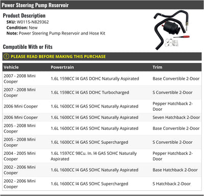 Power Steering Pump Reservoir and Hose Kit - Compatible with 2002-2008 Mini Cooper