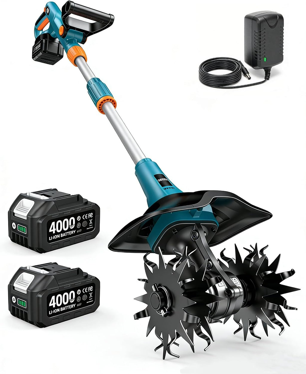 Cordless Tiller Cultivator, 20V Electric Tiller for Gardening | 360RPM, 2 x4.0Ah Batteries, 9" Width 6.6" Depth