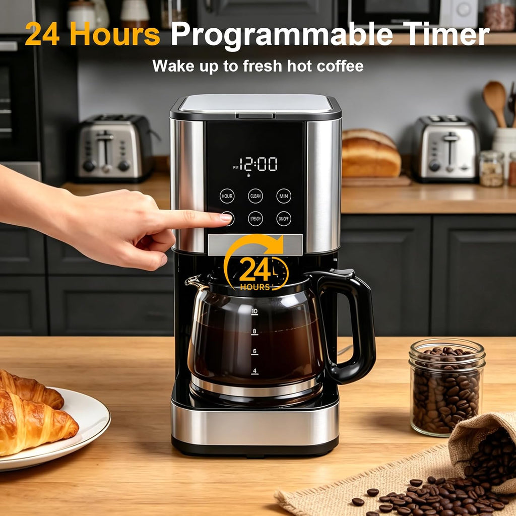 10 Cup Programmable Drip Coffee Maker, Adjustable Brew Strength, Pause & Serve, Heat Resistant Glass Carafe
