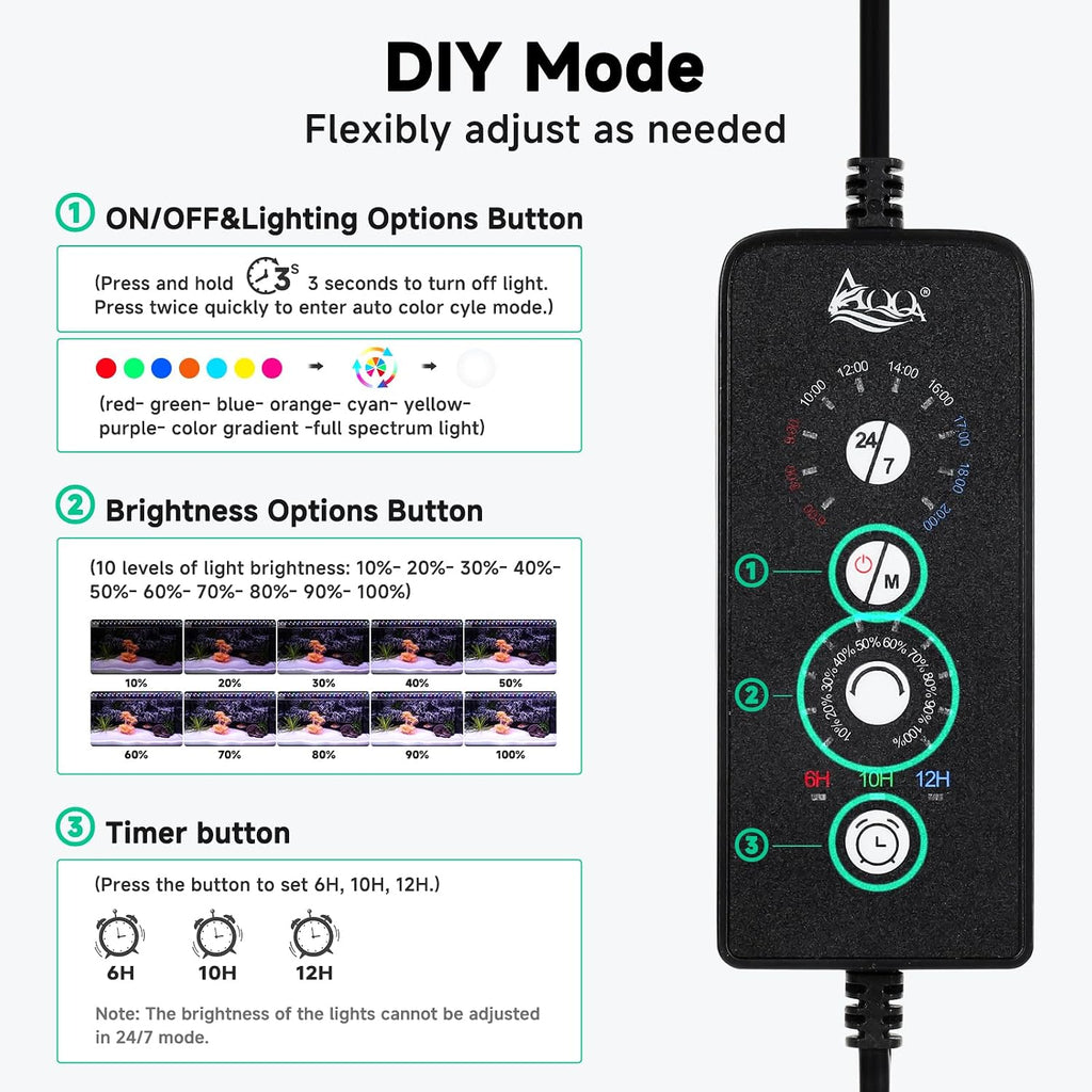 LED Aquarium Light, 24/7 & DIY Mode Full Spectrum Fish Tank Light | Adjustable Timer/Brightness, Extendable Bracket