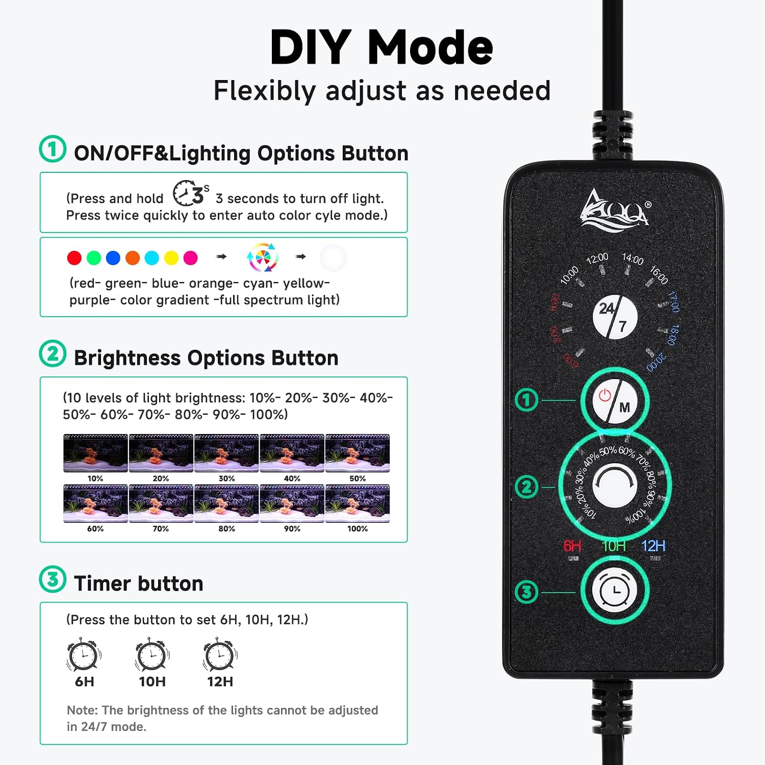 LED Aquarium Light, 24/7 & DIY Mode Full Spectrum Fish Tank Light | Adjustable Timer/Brightness, Extendable Bracket