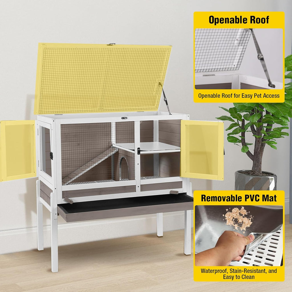 2-Story Indoor Rabbit Hutch Guinea Pig Cage with Stand, Wooden Bunny Cage Small Animal Cages with Chew-Proof Ramp
