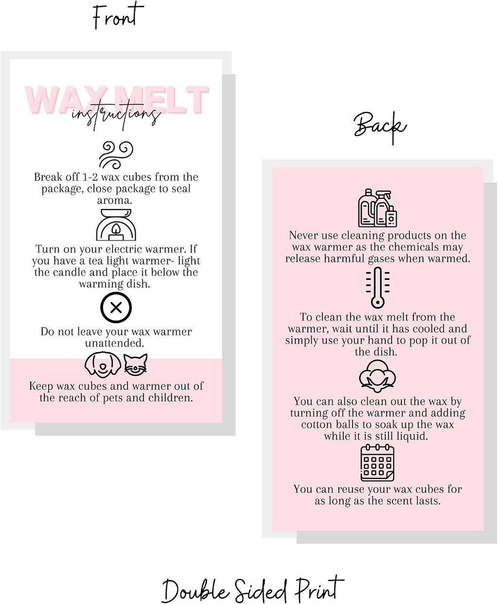 Wax Melt Care Instruction Cards | 50 Pack | 2x3.5” Business Card Wax Melt Supplies Homemade Customer thank you for