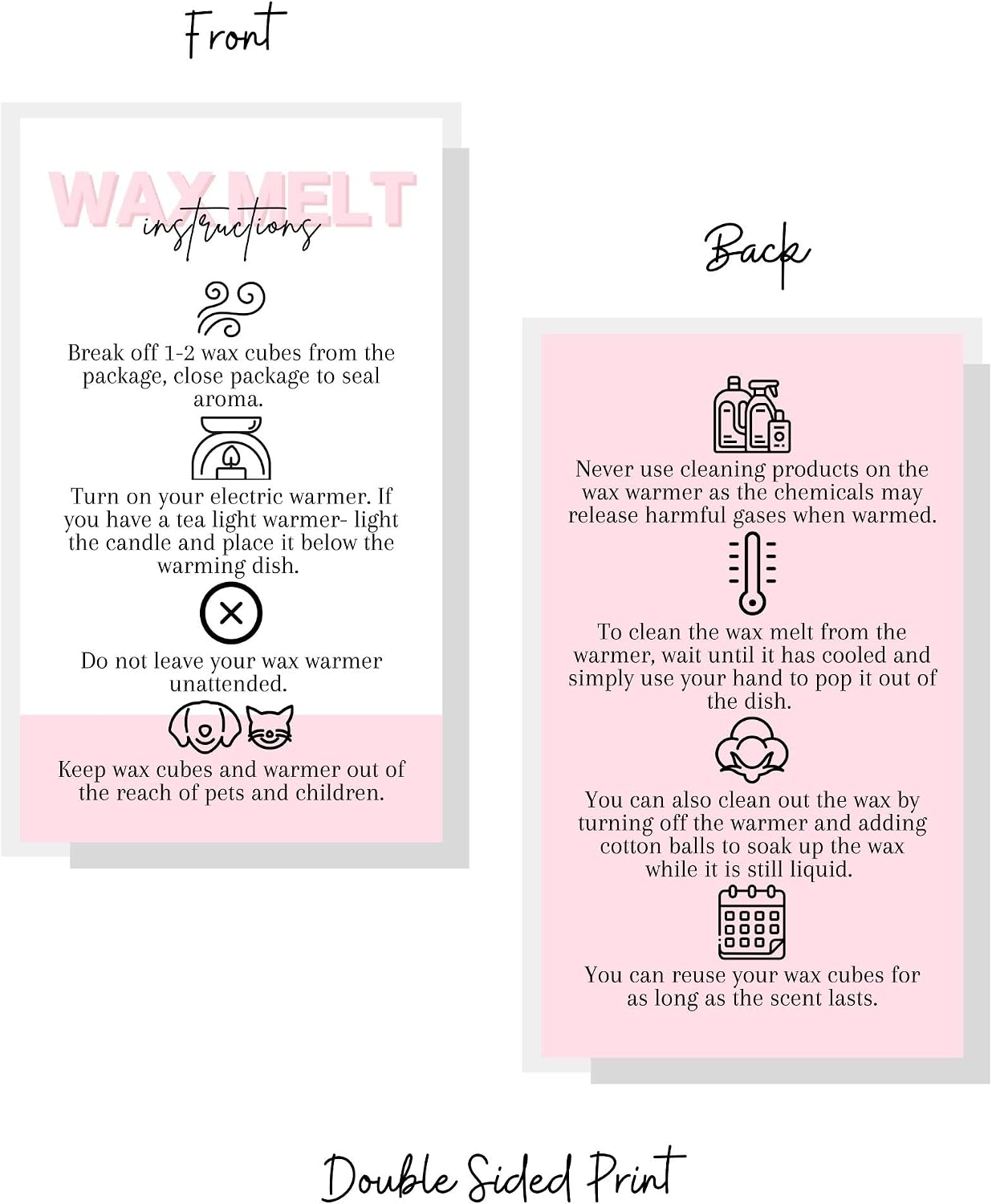 Wax Melt Care Instruction Cards | 50 Pack | 2x3.5” Business Card Wax Melt Supplies Homemade Customer thank you for