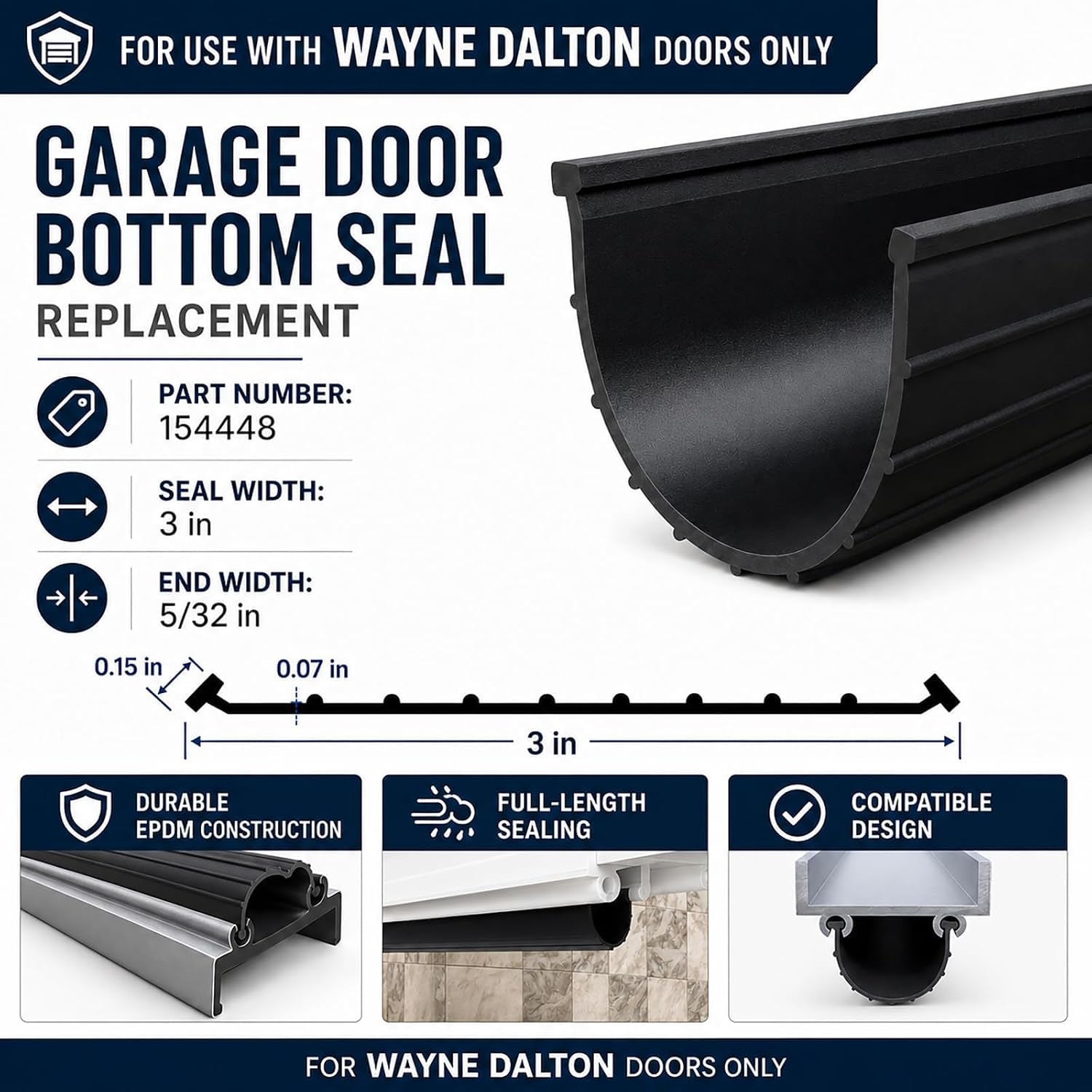Garage Door Seal for Wayne Dalton 154448, 5/32 in Bead, 10 ft