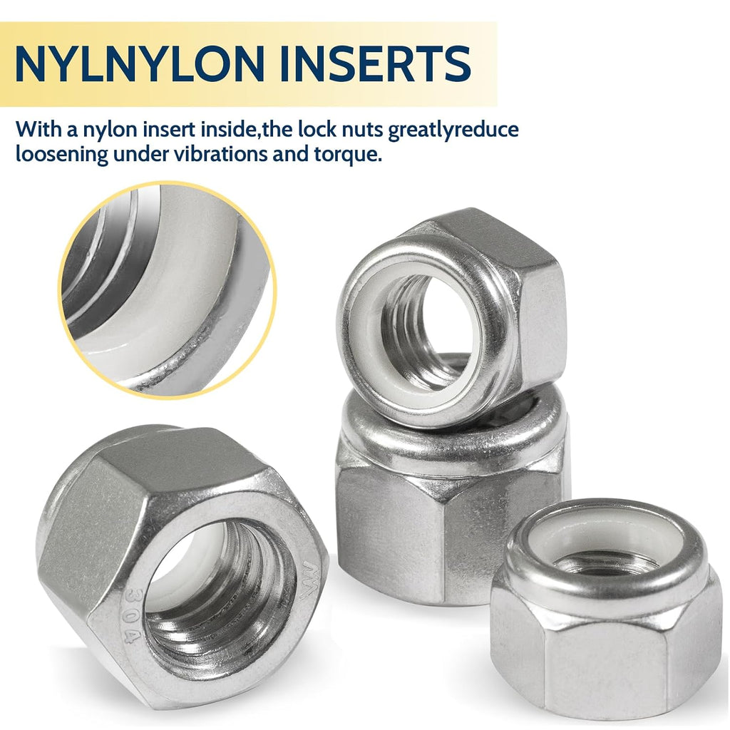 1/2-13 Lock Nut, 20Pcs Stainless Steel Nylock Insert Locking Nut