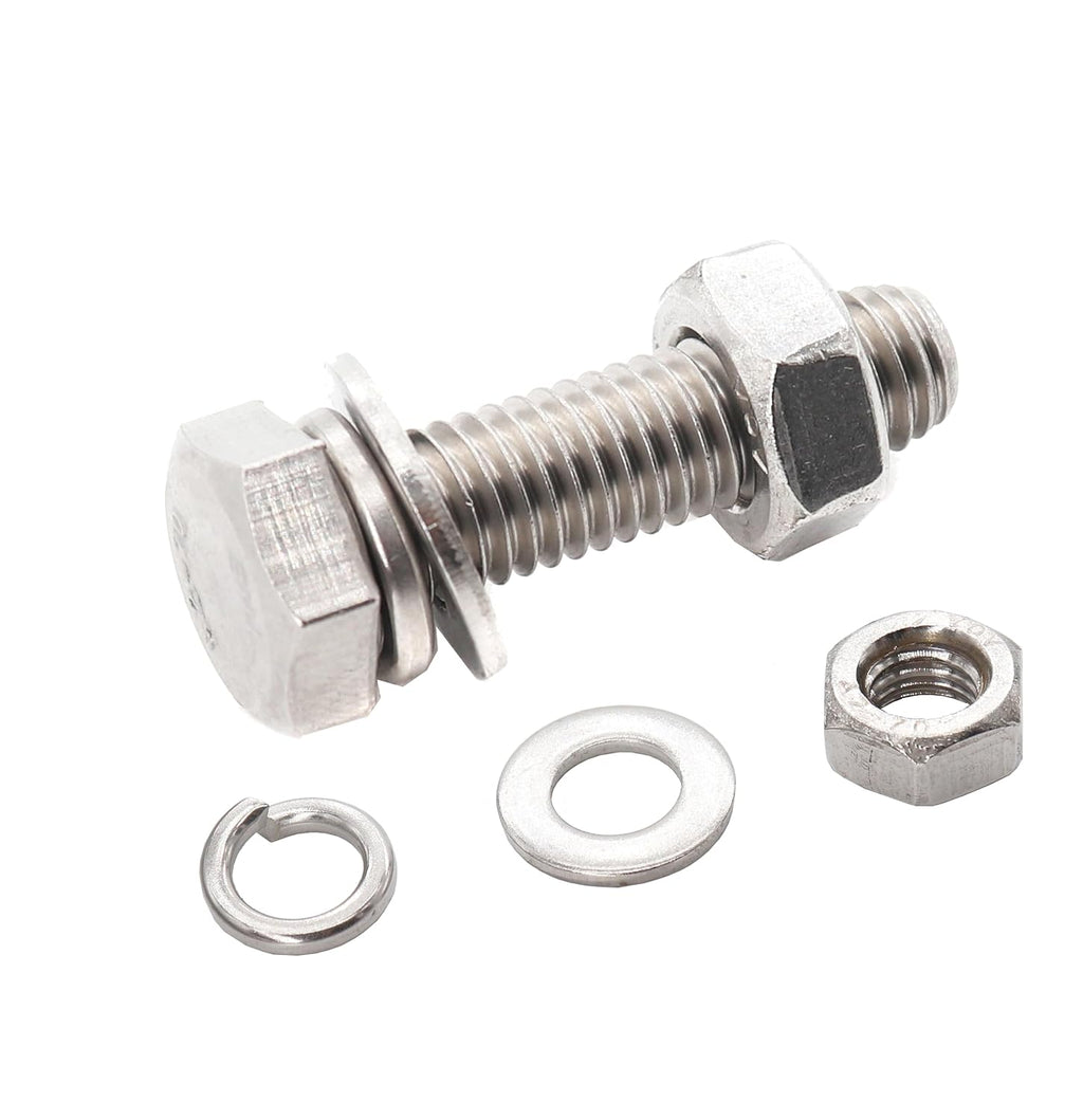 10-Pack M6 x 30mm Hexagon Screws Hex Bolts with M6 Hex Nuts M6 Flat Washers/Spring Lock Washers Set, 304/18-8, Plain Finish