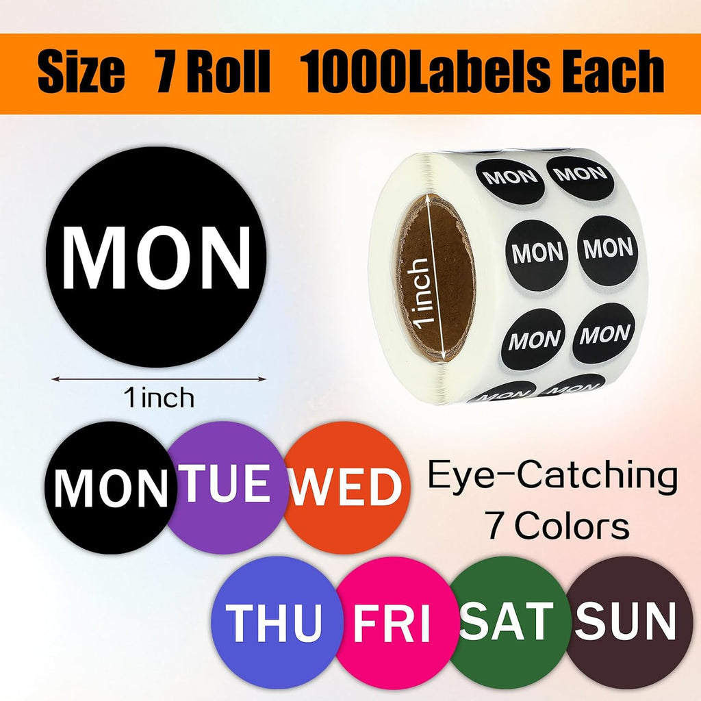 7000 PCS Small 7-Day of The Week Double Row Adhesive Stickers Bulk - 0.5 Inch Color Coded Dots Round Food Rotation