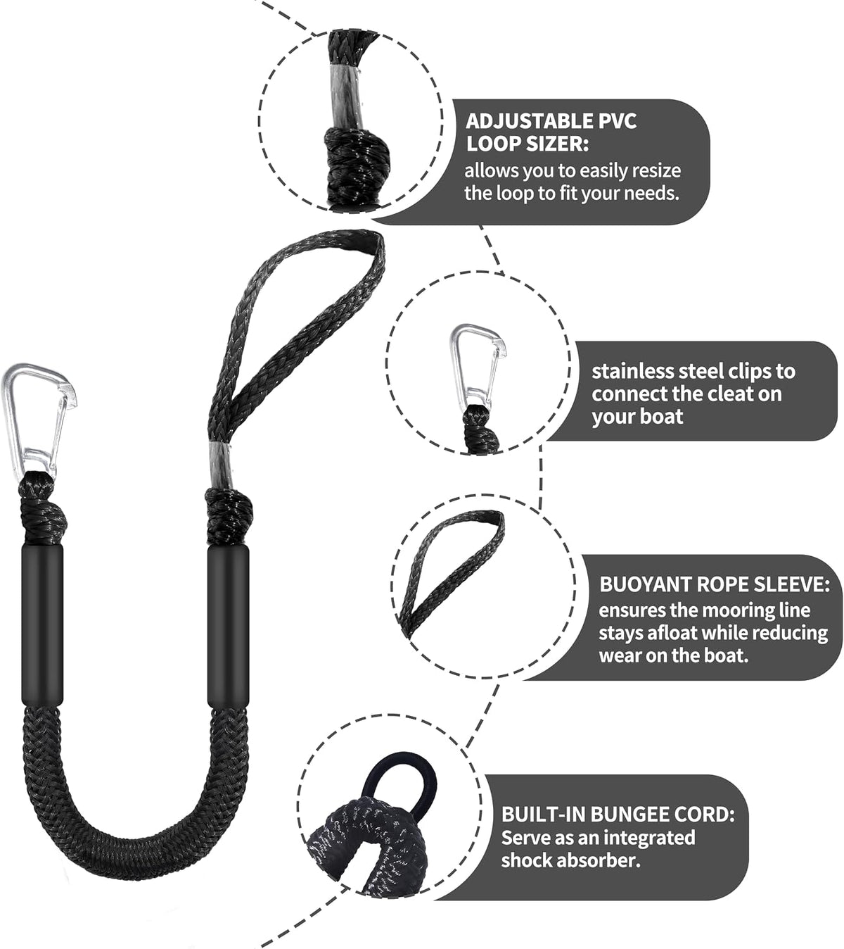 Single Hook Bungee Dock Lines – Adjustable Boat Tie Downs for Pontoon, Jet Ski, PWC, Kayak | Small Cruiser Mooring