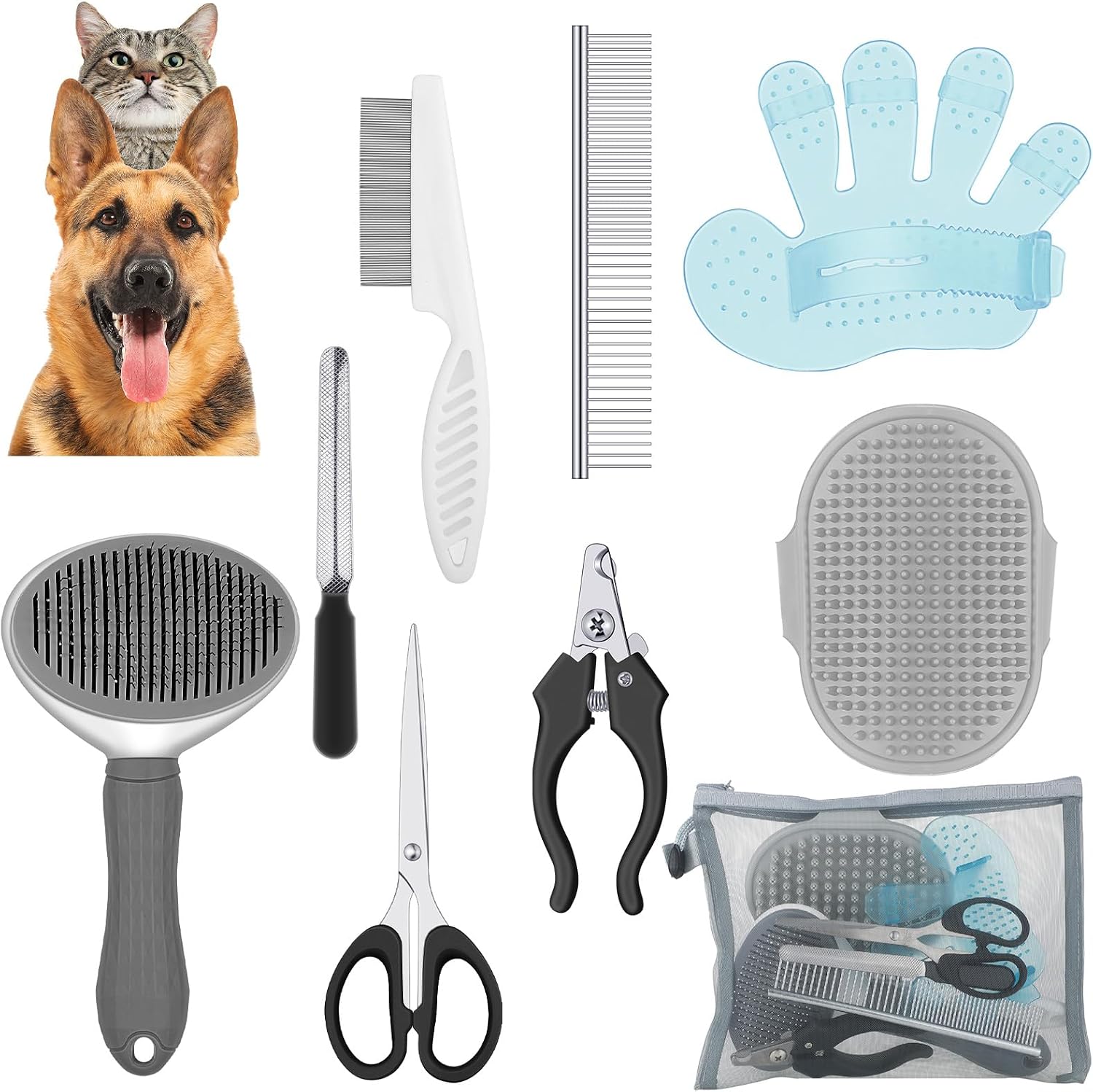 Dog Brush Grooming Kit 9 Pcs Kit with Pet Nail Clipper and File Cat Grooming Deshedding Undercoat Rake Comb for All