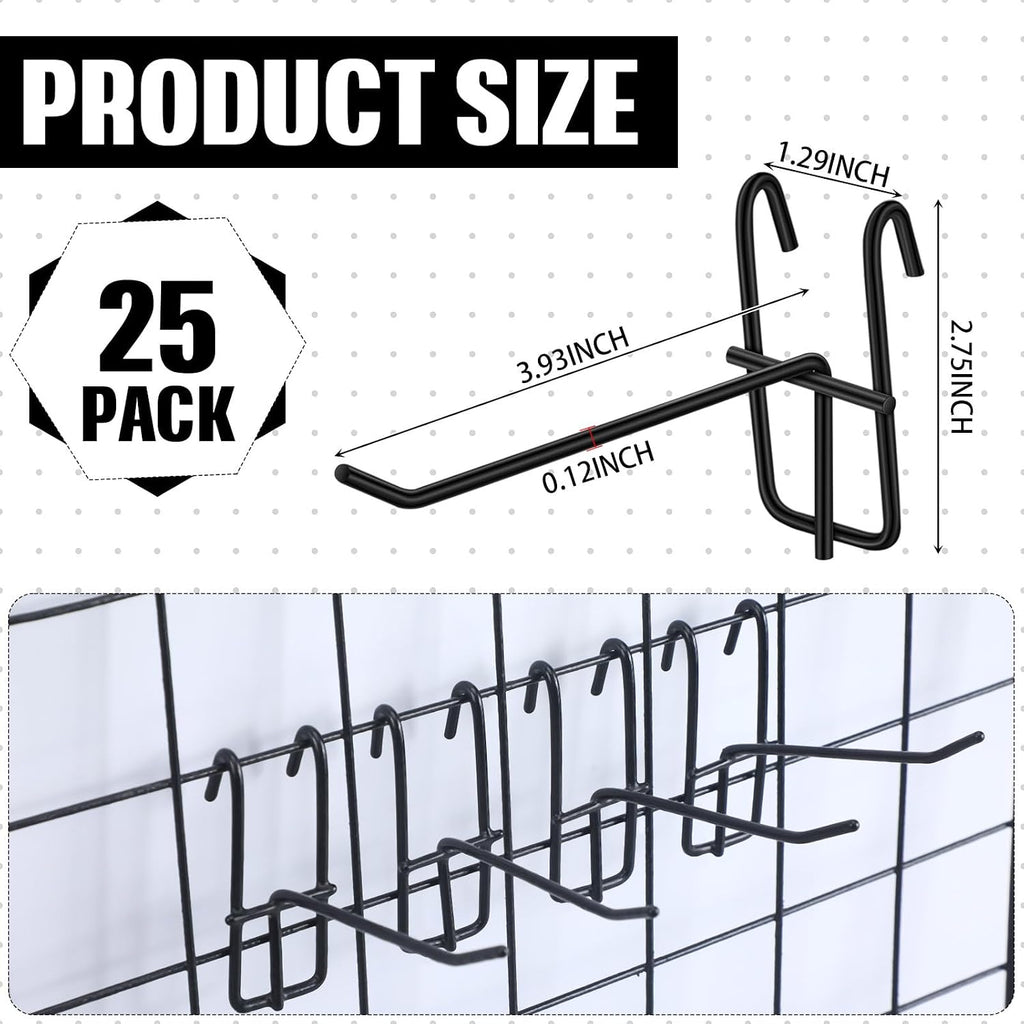 25 Pack Grid Wall Hooks, 4 Inch Black Gridwall Hanger | Metal Build for Retail Craft Displays, Fits Gridwall Panels